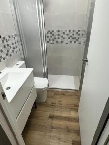 a bathroom with a shower and a toilet and a sink at Casa Arrabal Villa in Salobreña