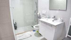 a bathroom with a shower and a sink and a toilet at Stone House Perast in Kotor +20 photos