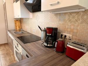 a kitchen counter with a coffee maker on it at Gartenwohnung im Kuhstall, Havelzugang, Vollausstattung in Ketzin