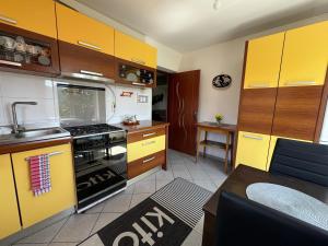 a kitchen with yellow cabinets and a stove at Casa Alexana in Gura Humorului +16 photos
