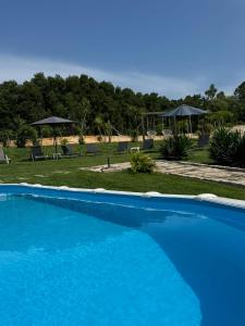 ein großer blauer Swimmingpool mit Liegestühlen und Sonnenschirmen in der Unterkunft Albergue e AL O Brasão Valença in Valença
