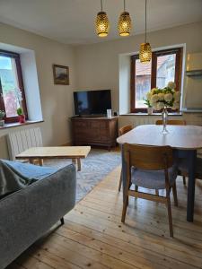 a living room with a table and a tv at Echappée Verte in Breitenbach-Haut-Rhin