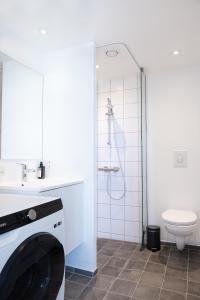 a bathroom with a toilet and a sink and a shower at Hotel Aurora Apartments in Nuuk +49 photos