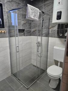 a shower stall in a bathroom with a toilet at Brvnara Tarin osmeh - u srcu Nacionalnog parka Tara in Sekulić  +28 photos