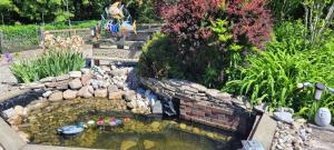 a small pond in a garden with a fountain at Charlotte Garden Bed and Breakfast in Niagara-on-the-Lake