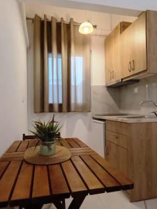 a kitchen with a wooden table with a potted plant on it at Elena Apartments in Keramoti