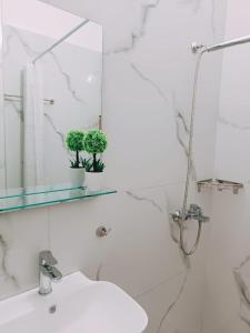 a bathroom with a sink and a shower with two plants at Elena Apartments in Keramoti