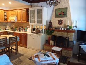 a kitchen with a fireplace and a table in a room at Deli House in Promírion