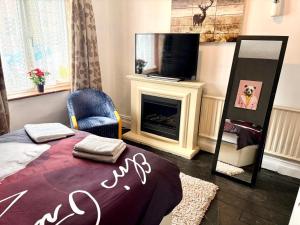 a bedroom with a bed and a tv and a fireplace at Ramsgate Corner Retreat in Ramsgate