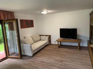 a living room with a couch and a tv at Ferienhaus Erika in Telfs