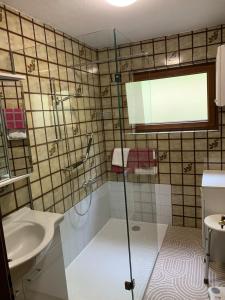 a bathroom with a shower and a sink at Ferienhaus Erika in Telfs +40 photos