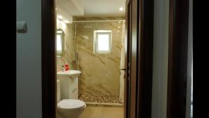 a bathroom with a shower and a toilet and a sink at Apartament Maria in Turda +15 photos