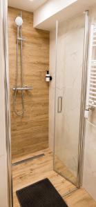 a shower with a glass door in a bathroom at Apartments Rajska 77 in Wrocław +59 photos