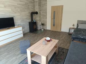 a living room with a coffee table and a fireplace at Apartmán Velký Luh in Velký Luh +9 photos