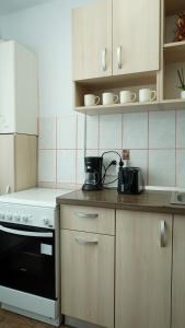 a kitchen with a stove and a counter top at Apartament Maria in Turda