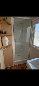 a shower with a glass door in a bathroom at Schatzele in Boofzheim
