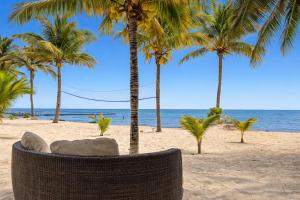 a rattan chair on the beach with palm trees at Arenika Beachfront Villa & Rooms in Puerto Morelos