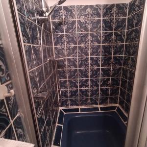 a bathroom with a bath tub with a tile wall at Ferienwohnung im Krokusweg in Langenneufnach