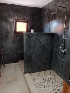 a bathroom with a shower and a black wall at Les chambres de la mangrove in Somone