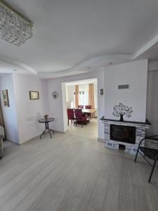 a living room with a fireplace and a dining room at Vila Pângărați in Pangarati
