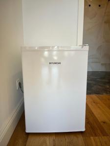 a white refrigerator sitting on top of a wooden floor at Alpine Loft in Kapfenberg