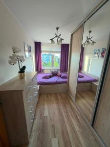 a bedroom with two beds and a large mirror at Apartament na Libelta in Wągrowiec