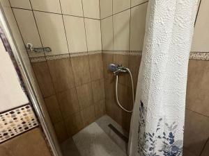a shower with a shower curtain in a bathroom at Gorenje apartment in Fier +28 photos