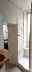 a small kitchen with a shower in a room at Gîte des petits givrés in Entrains-sur-Nohain +16 photos