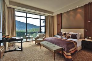 una camera da letto con un letto, una scrivania e una finestra di Borjomi Likani Health & Spa Centre a Borjomi