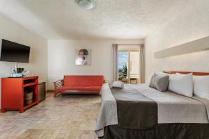 a hotel room with a bed and a red couch at Luciana Hotel & Beach Club in Playa del Carmen