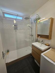 a bathroom with a shower and a tub and a sink at Jasmin Doux in Poitiers +18 photos