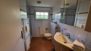 a bathroom with a sink and a toilet and a mirror at Ferienwohnung Inge EG in Greetsiel +26 photos
