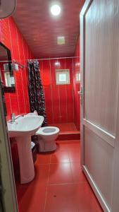 a red bathroom with a toilet and a sink at Chvibiani Guesthouse & Bar in Ushguli