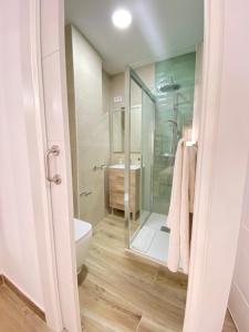 a bathroom with a shower and a toilet and a sink at Grampy Boutique Hostal - Zaragoza Centro in Zaragoza