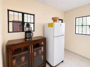 a kitchen with a white refrigerator and a coffee maker at Casa Dolores in Dolores Hidalgo