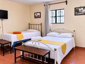 a room with two beds and a table and a tv at Casa Dolores in Dolores Hidalgo