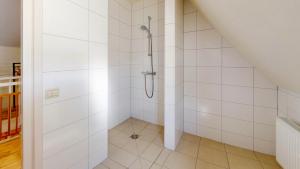 a bathroom with a shower in a white wall at Vakantie appartement Erve de Wezel in Diepenheim +11 photos