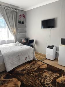 a bedroom with a bed and a television and a rug at Phapel Home-Away in Pretoria