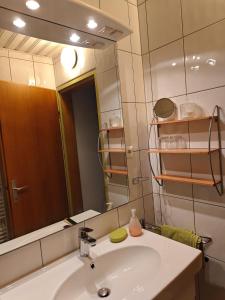 a bathroom with a sink and a large mirror at Blumenpension Strauss - Ferienwohnungen in Ossiach +102 photos