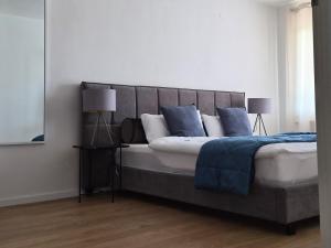 a bedroom with a large bed with blue pillows at CASA 8070 Exklusive Maisonette-Wohnung 91 qm für Familien, Gruppen, Geschäftsreisende, inklusive Parkplatz, WLAN, Kaffee und Tee, voll ausgestattet für 1 bis 9 Gäste, zentrumsnah, Autobahn A9 Ingolstadt-Süd, Donau, Auwaldsee und Gewerbegebiet in Ingolstadt
