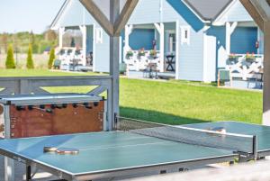 a ping pong table with two ping pong balls on it at Domki PoZdrowie in Rusinowo