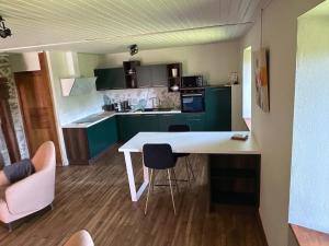 a kitchen with green cabinets and a white table and chairs at L'Oustalou de Petit Jean in Cassaniouze +23 photos