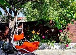 an orange chair sitting next to a tree at Aegli House in Theológos