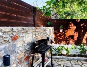 a barbecue grill sitting next to a stone wall at Aegli House in Theológos