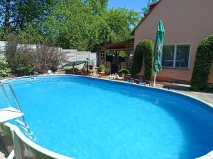 a large blue swimming pool in front of a house at Apartmán Penzion Sigma in Dolní Žďár