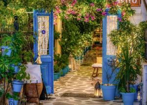 a blue door with potted plants and flowers at Hotel Kastro in Skiathos