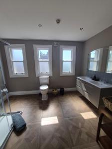 a bathroom with a toilet and two sinks and windows at AbbeyLane house in Trim +23 photos