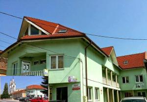 a green and white building with a red roof at Erika Panzió in Ditrău