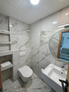 a bathroom with a toilet and a sink and a mirror at Eluize Inn Dubrovnik in Dubrovnik
