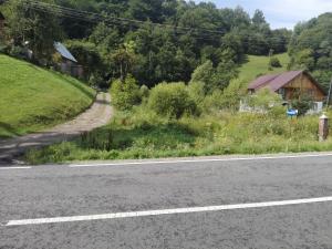 an empty road next to a field with trees at Вікенд WeekEnd in Kvasy